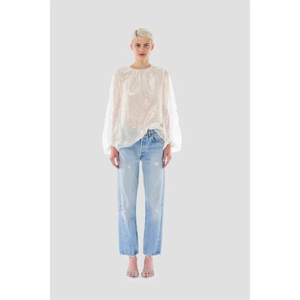 Le Superbe Sparkling Femme Sequin Sheer Blouse Sheer White Womens Size 2